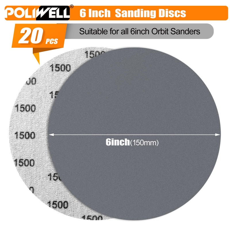 POLIWELL 6 Inch (150mm) 1500 Grit High Performance Waterproof Hook & Loop Sanding Discs Heavy Duty Silicon Carbide Round Flocking Sandpaper for Wet/Dry Sanding Grinder Polishing Accessories, 20-Pack - Image 2